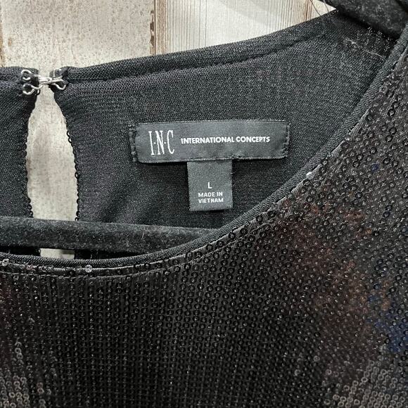 INC Black Sequin 3/4 Sleeve Faux Wrap Top Womens Large New Years Eve Date - Picture 3 of 7